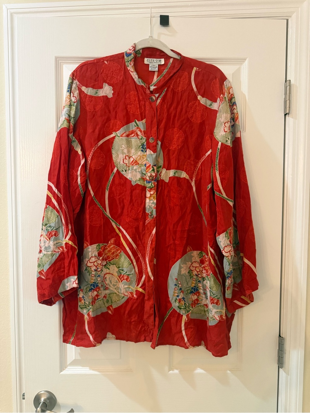 Vintage Citron 100% Silk Red Floral-Print Button Front Blouse